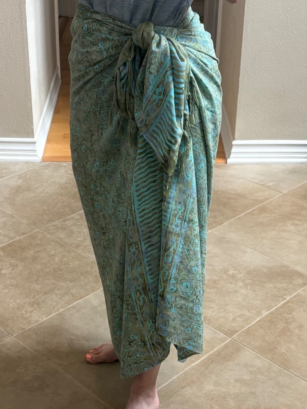 Green Aqua Periwinkle Batik Sarong Pareo Fringed Beach Wrap 62x44